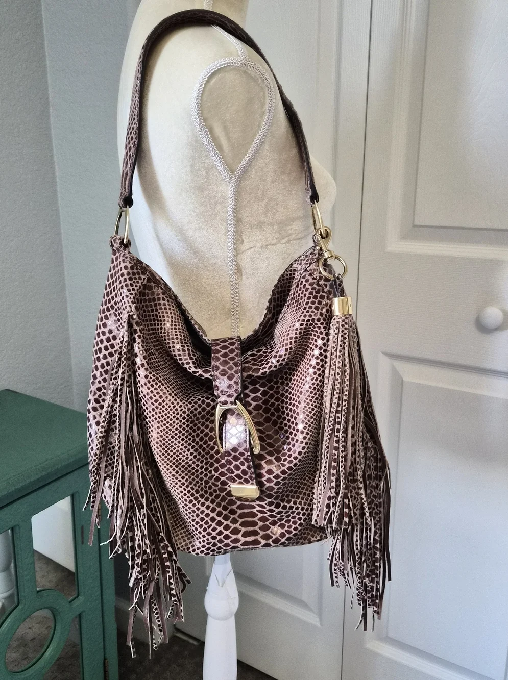 G.I.L.I. Got It Love It Snakeskin Embossed Leather Fringe Hobo Bag Brown